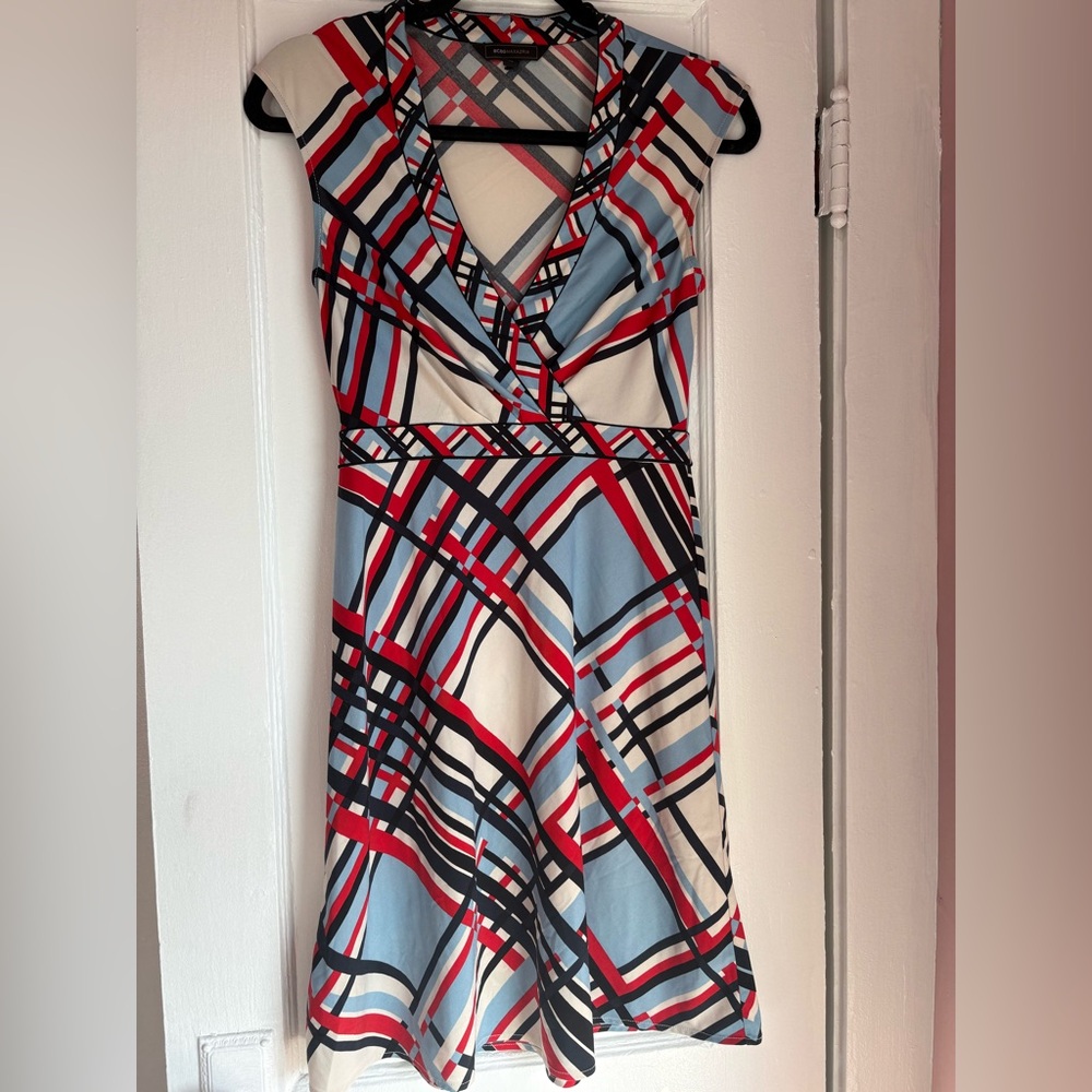 BCBG Max Azria Geometric Print Fit & Flare Midi Dress Cap Sleeve XS